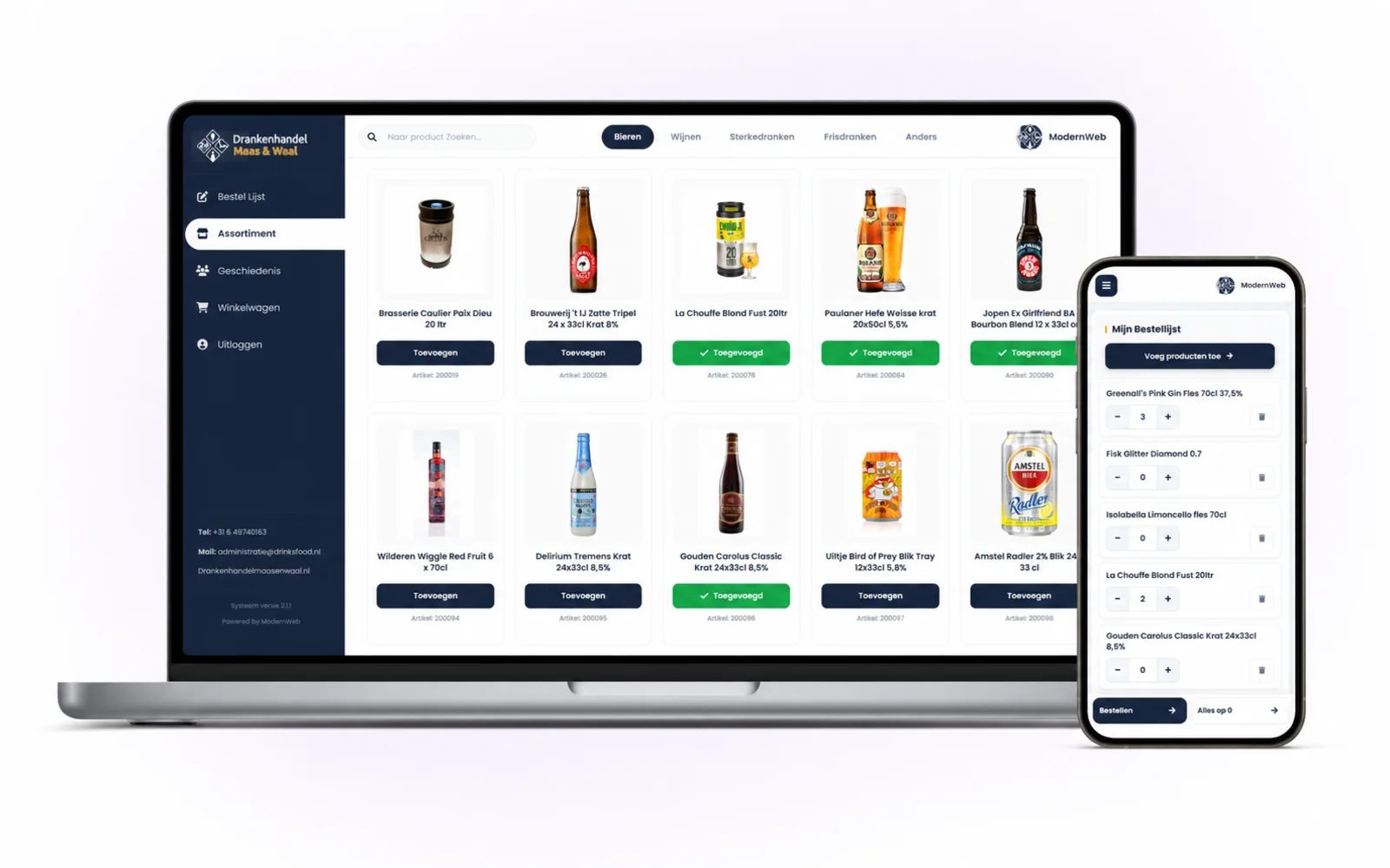 Het bestelportaal van Drankenhandel Maas en Waal op laptop en telefoon, gekoppeld aan SnelStart