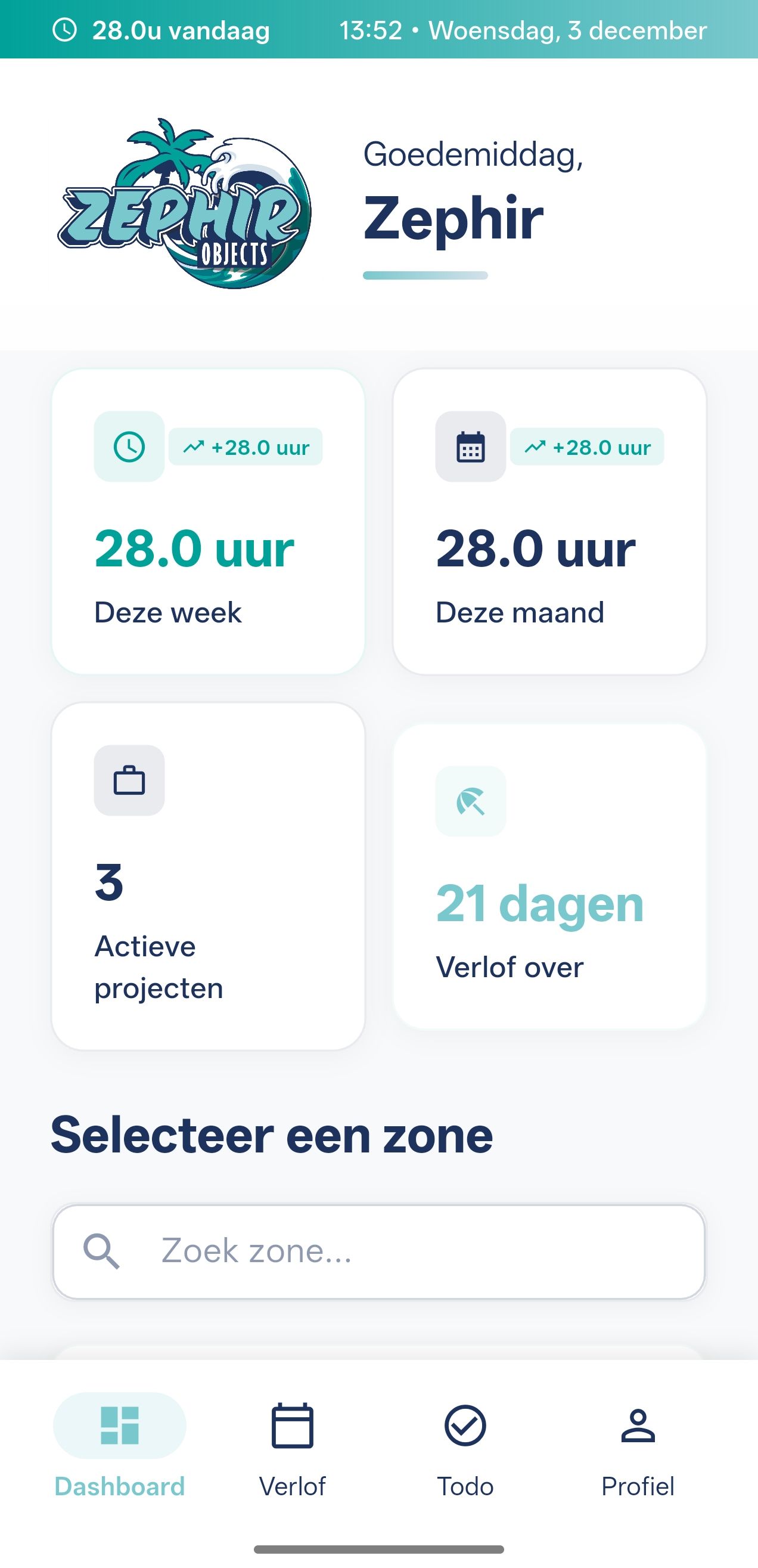 De app van Zephir Objects met uren deze week, actieve projecten en resterend verlof